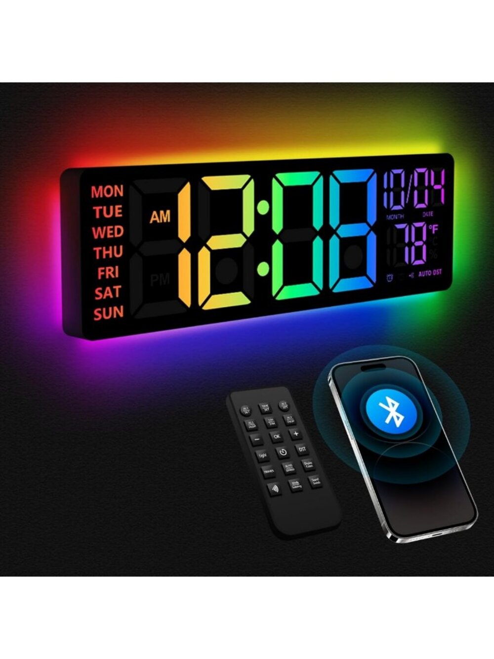 16" RGB LED Digital Wall Clock - 8 Color Display, Bluetooth Sync, Dual Alarm